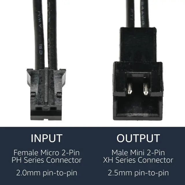 Alt view image 2 of 2 - 2 Pack 2-Pin Micro PH 2.0mm Female to Mini XH 2.5mm Male Adapter Cable for Cooling Fan Sensor Wiring