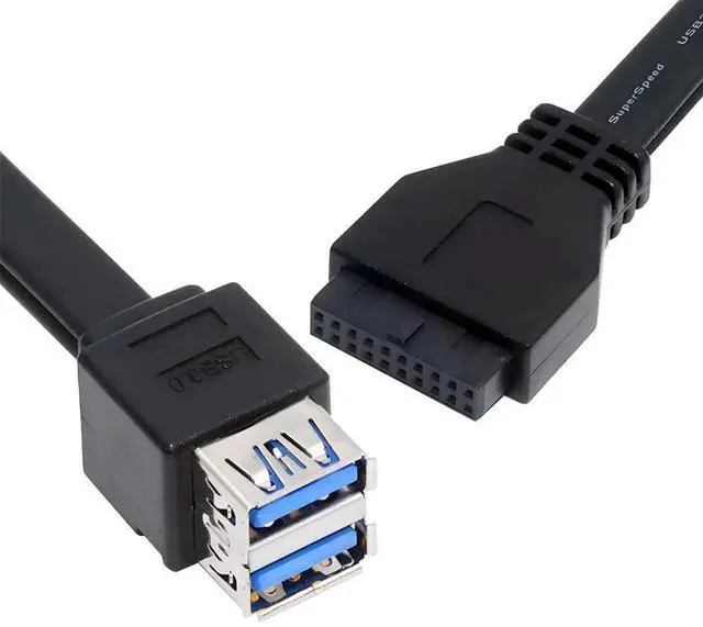 Main image of 50cm Black Stackable USB 3.0 Type-A Dual Female DIP Port Cable with Fixed Feet, Dual USB A to 19Pin 20Pin Motherboard Header Extension Cord