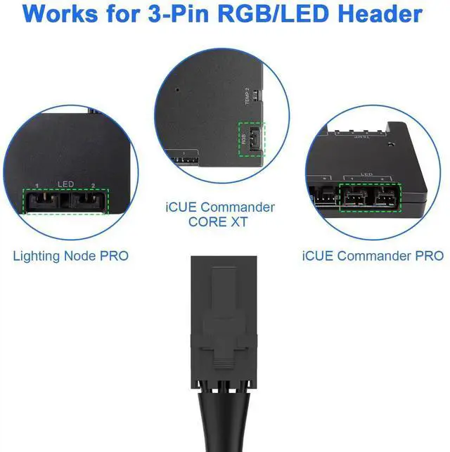 Alt view image 5 of 6 - 29cm Black Braided 3 Pin ARGB Adapter Cable, Compatible with Corsair Lighting Node PRO iCUE Commander PRO CORE XT Convert to Standard 5V 3Pin ARGB Connector