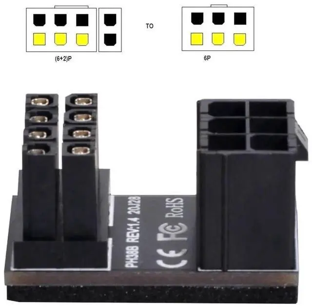 Alt view image 2 of 6 - 180 Degree Angled ATX 6Pin Female to 8Pin Male Power Adapter Connector, Desktop GPU Graphics Card Power Converter