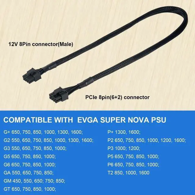 Alt view image 5 of 7 - 65cm 18AWG Male to Male 8 Pin to 6+2 Pin PCIe GPU Power Cable, Black Modular Graphics Card Cord Compatible with EVGA G G2 G3 G5 G6 GA GM GT P2 P3 P5 P6 P+ T2 T3 PSU