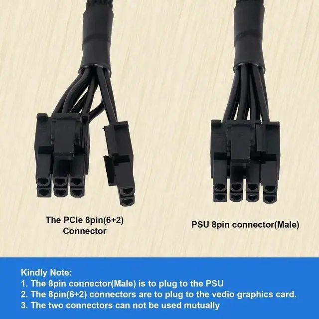 Alt view image 3 of 7 - 65cm 18AWG Male to Male 8 Pin to 6+2 Pin PCIe GPU Power Cable, Black Modular Graphics Card Cord Compatible with EVGA G G2 G3 G5 G6 GA GM GT P2 P3 P5 P6 P+ T2 T3 PSU