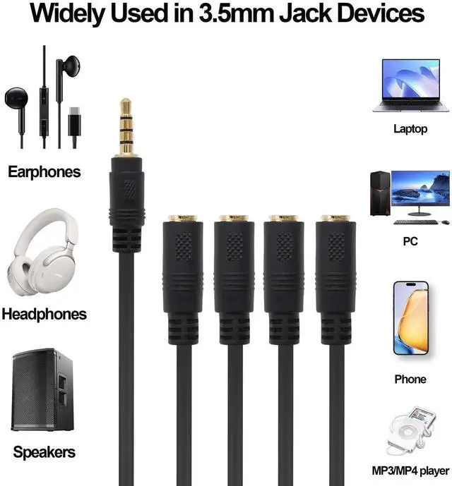 Alt view image 3 of 7 - 30cm 3.5mm TRRS 1 Male to 4 Female Audio Splitter Cable, 4 Way Stereo Headphone Mic Y Extension Cord 1/8 Inch for Phone Tablet MP3 Speaker