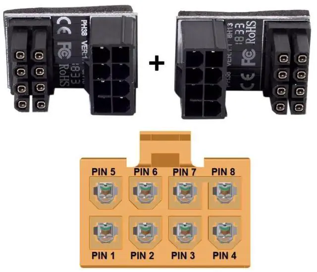 Alt view image 5 of 7 - 2Pcs 180 Degree Angled ATX 8Pin Female to Male Power Adapter, Black GPU Graphics Card Power Angled Connector for Desktop PC