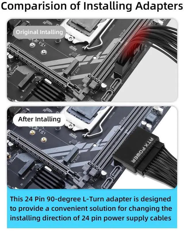 Alt view image 3 of 7 - ATX 24 Pin Right Angle Power Adapter Connector, Black 24Pin Mainboard Power Angled Converter for Desktop PC