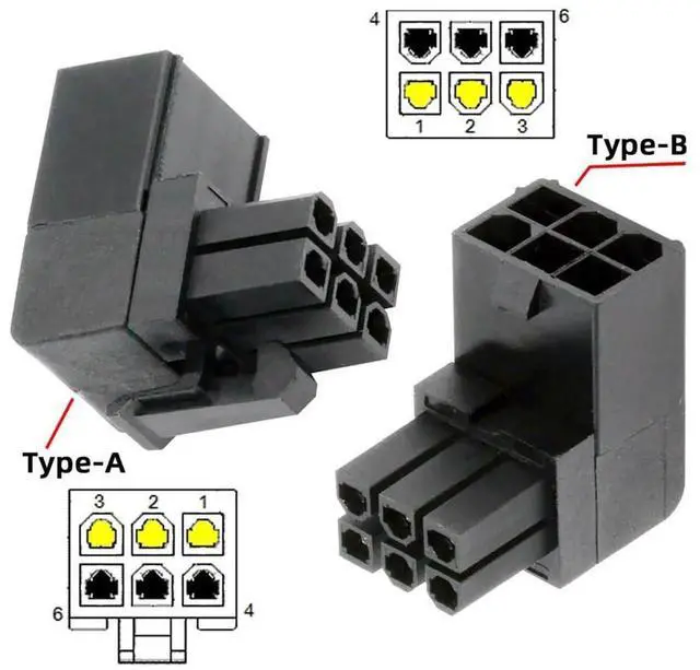 Alt view image 3 of 7 - 2Pcs Black 90 Degree Up & Down Angled ATX 6Pin Male to Female Power Adapter, GPU Graphics Card Power Header Connector