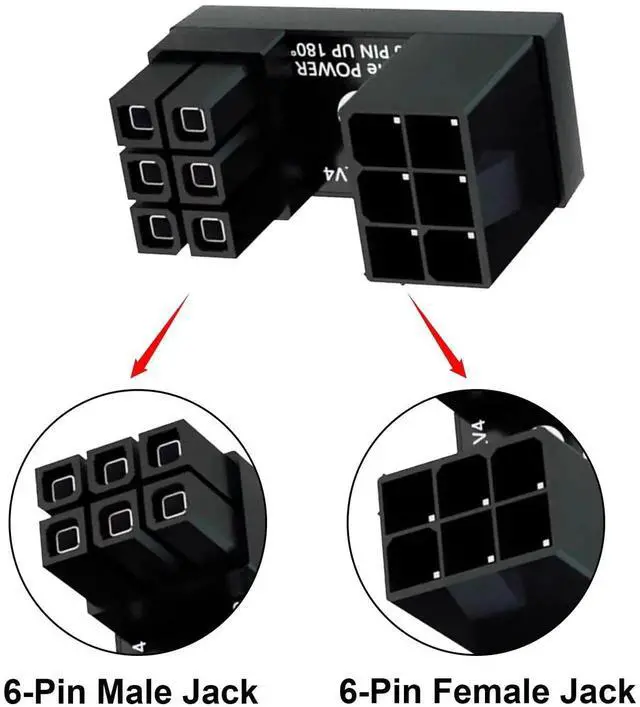 Alt view image 3 of 7 - 2 Pack 180 Degree U-Type Up Angle ATX 6Pin Male to Female Power Adapter, GPU Graphics Card Power Header Extender Connector for Desktop PC