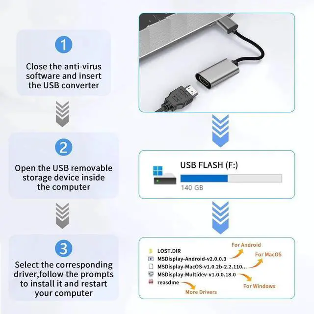 Alt view image 7 of 7 - 1080P USB 3.0 to HD Video Adapter Grey, Male to Female Multi-Display Converter Cable for Laptop Desktop PC TV Compatible Windows MacOS