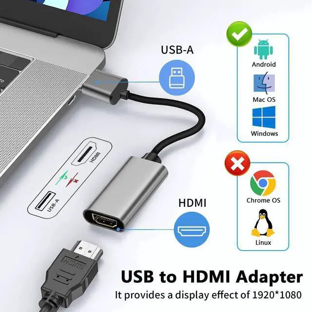 Alt view image 3 of 7 - 1080P USB 3.0 to HD Video Adapter Grey, Male to Female Multi-Display Converter Cable for Laptop Desktop PC TV Compatible Windows MacOS