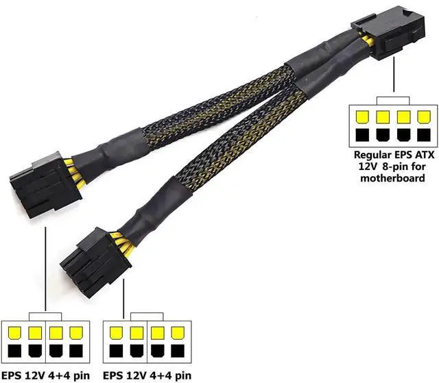 Alt view image 3 of 4 - 9 Inch Sleeved ATX CPU 8 Pin Y Splitter Cable, EPS 12V 8Pin Female to Dual 4+4 Pin Male Motherboard Power Adapter (Not For GPU PCIe)