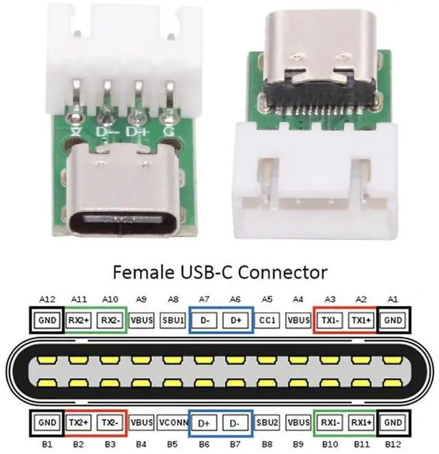 Alt view image 4 of 7 - 5Pcs Set DIY Type C Female Socket To 2.54mm 4Pin Horizontal Test Board, USB2.0 Pinout DC 5V Power Soldering Connector Adapter