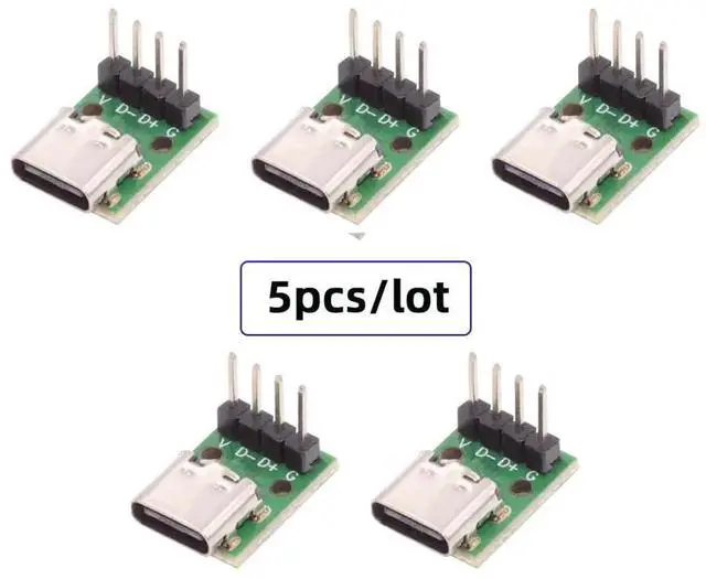 Alt view image 3 of 7 - 5PCS DIY Vertical Type C Female Socket to 2.54mm 4Pin Pin Header Adapter Board, USB2.0 DC5V Soldering Power Test Connector