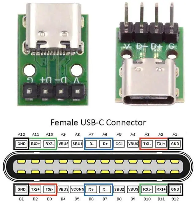 Alt view image 4 of 7 - 5PCS DIY Vertical Type C Female Socket to 2.54mm 4Pin Pin Header Adapter Board, USB2.0 DC5V Soldering Power Test Connector