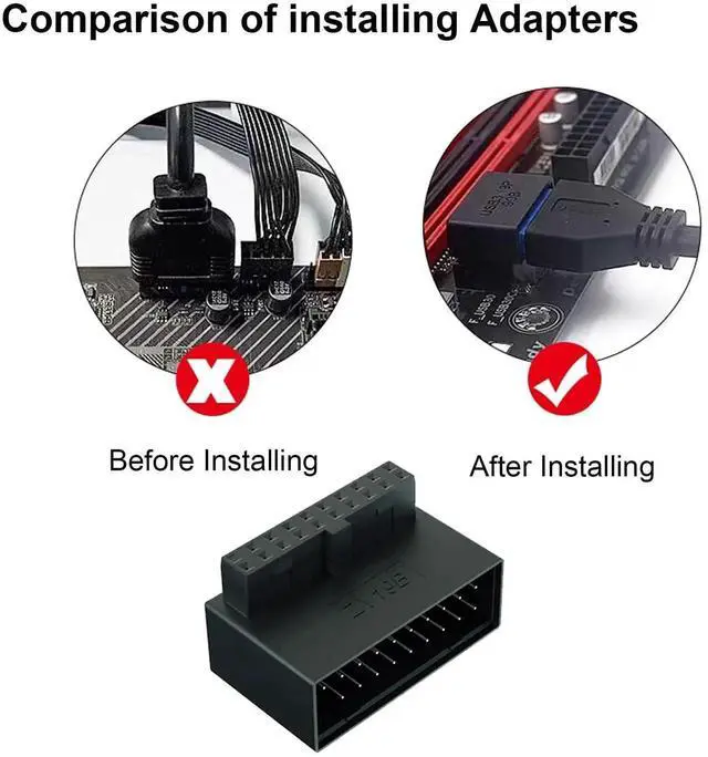 Alt view image 4 of 7 - 2-Pack Down Angle 90 Degree USB 3.0 19Pin Adapter, L-Shaped Male to Female Motherboard Header Extension Connector ZY19B for Desktop PC