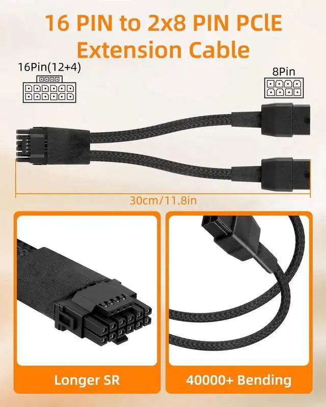 Alt view image 3 of 7 - 0.3M 16AWG PCIe 5.0 Sleeved GPU Power Cable, 12VHPWR 12+4Pin Male to Dual 8Pin PCIe Female Splitter Cord for RTX 40 50 Series Graphics Card
