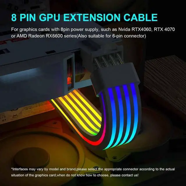 Alt view image 7 of 7 - White 8Pin ARGB GPU Power Extension Cable, 5V 3Pin Addressable RGB PSU Cable Decor Cord for RTX 3060 4060 4070 RX 580 6600 PC Case Decoration
