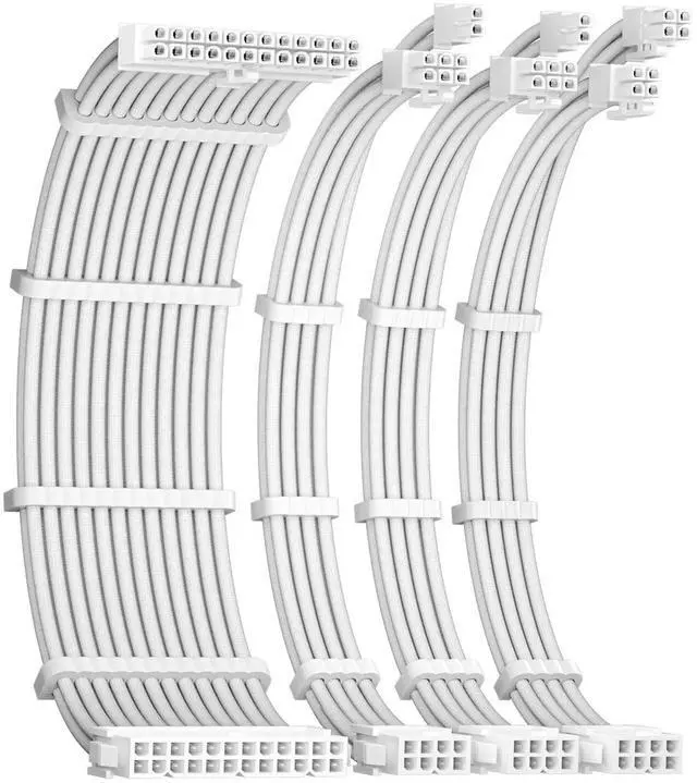 Main image of White 30cm Braided PSU Extension Cable Kit 18AWG, ATX 24Pin + EPS 4+4Pin + Dual 6+2Pin PCIe Power Cord Set with Cable Combs for PC Gaming Case