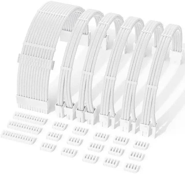 Main image of 6PCS White Braided PSU Cable Extension Kit, One Way Bend Design 18AWG PC Power Cord Set Including 24Pin ATX, EPS 4+4Pin, PCIe 6+2Pin