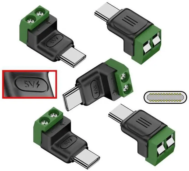Alt view image 2 of 7 - 5Pcs 2Pin Terminal to Type-C Male Solderless Adapter, DC 5V USB2.0 Fast Charge DIY Power Repair Connector