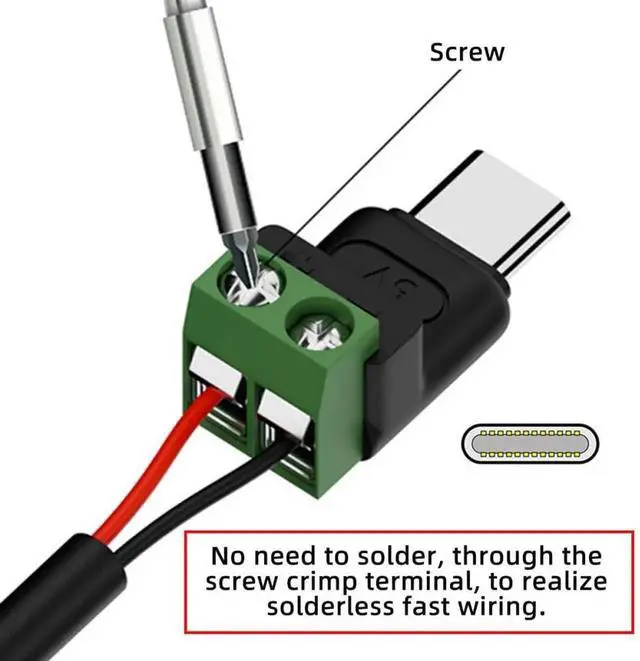 Alt view image 6 of 7 - 5Pcs 2Pin Terminal to Type-C Male Solderless Adapter, DC 5V USB2.0 Fast Charge DIY Power Repair Connector