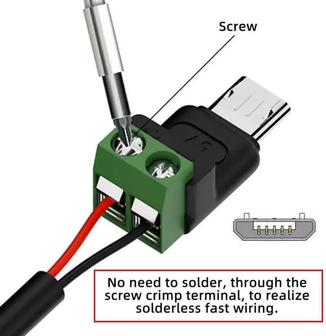 Alt view image 7 of 7 - 5Pcs Micro USB 5Pin Male to 2Pin Terminal Solderless Adapter, DC5V USB2.0 Fast Charging DIY Power Repair Connector Kit