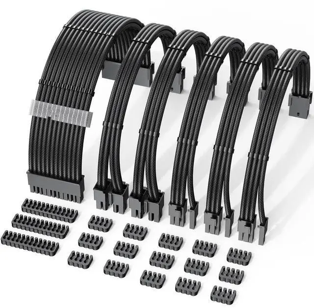 Main image of 12 Inch Black Nylon Braided PSU Extension Cable Kit 18AWG, Pre-Bent Design with Dual Cable Combs, 24Pin ATX + EPS + PCIe Power Cord Set
