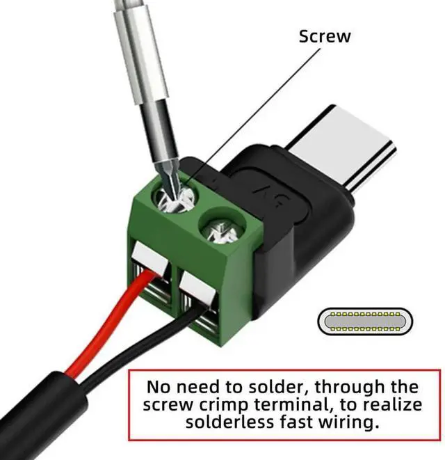Alt view image 2 of 7 - 5Pcs Type-C Male To 2Pin Terminal Solderless Adapter, DC 5V USB2.0 OTG Fast Charging DIY Power Repair Connector Kit