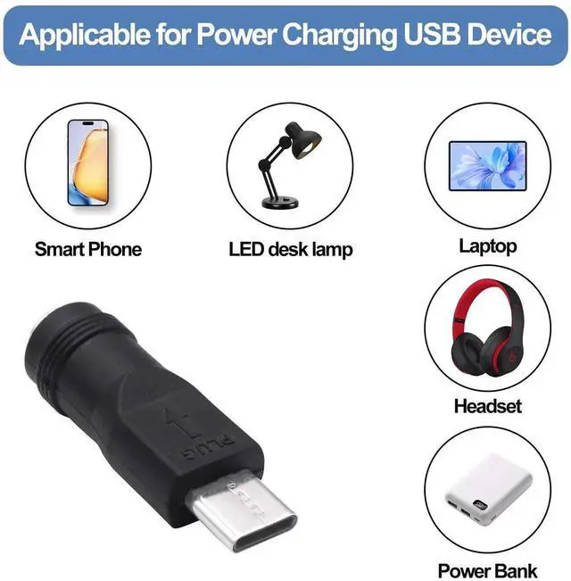 Alt view image 5 of 7 - 5Pcs DC 5.5x2.1mm Female to USB C Male Power Adapter, 5V DC5521 Barrel Jack to Type C Charging Converter for Phone Fan LED Lamp