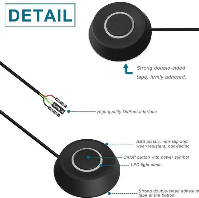 Alt view image 5 of 7 - 2M Cable External PC Power Switch Button, LED Round On Off Push Button Desktop Computer Case Remote Boot Switch Black White for Motherboard Startup