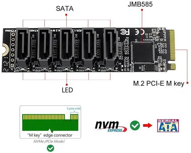 Alt view image 4 of 7 - 5 Ports M.2 M-Key PCIe to SATA 3.0 6Gbps Adapter Card JMB585 Chip 2280 NGFF to SATA Expansion Card for PC NAS Storage