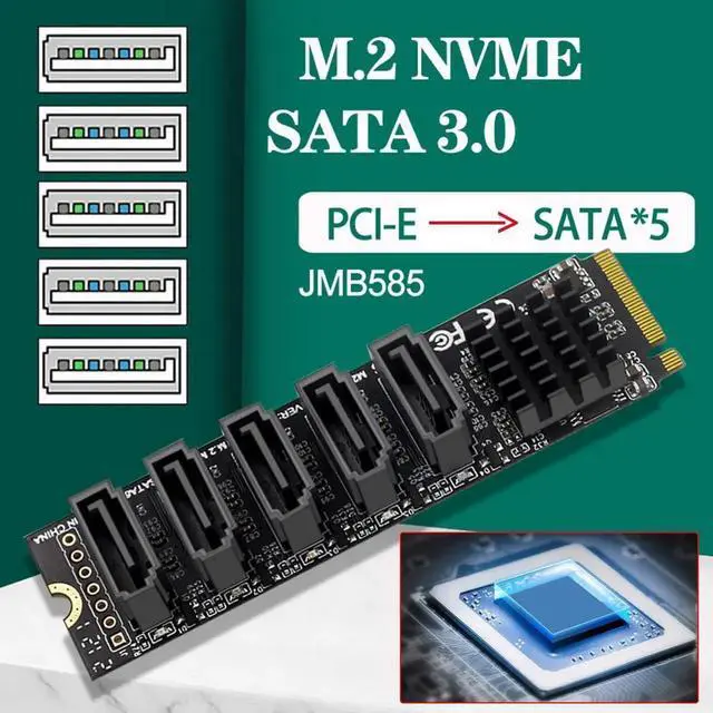 Alt view image 6 of 7 - 5 Ports M.2 M-Key PCIe to SATA 3.0 6Gbps Adapter Card JMB585 Chip 2280 NGFF to SATA Expansion Card for PC NAS Storage