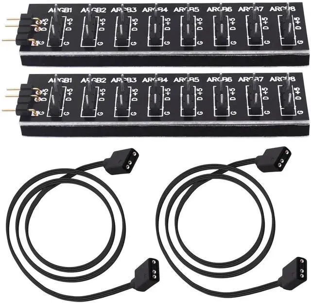 Main image of 2Pcs 35CM 5V 3Pin ARGB Splitter Hub 1 to 8 Way RGB Fan Sync Controller Extension Cable for Motherboard Lighting Sync