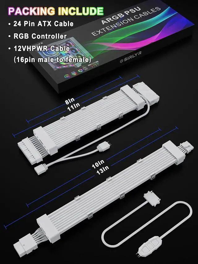Alt view image 6 of 7 - ARGB 12VHPWR PSU Extension Cable Set, Male to Female 24Pin Motherboard & 16Pin GPU RGB LED Power Cables for RTX 40 50 Series PC Custom Modding