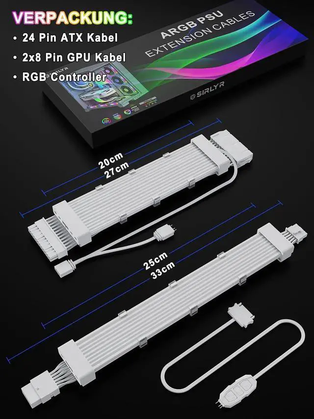 Alt view image 7 of 7 - ARGB LED PSU Cable Extension Kit, PVC Sleeved 16AWG 24Pin ATX & Dual 8Pin PCIE RGB Power Extension Cables for Gaming PC Modding