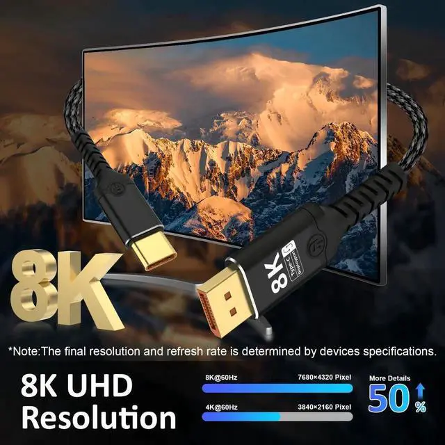 Alt view image 4 of 7 - 6.56FT Braided Bidirectional USB C to DisplayPort 1.4 Cable 8K@60Hz Thunderbolt 4 Compatible for MacBook Galaxy S25 iPad Pro XPS 17