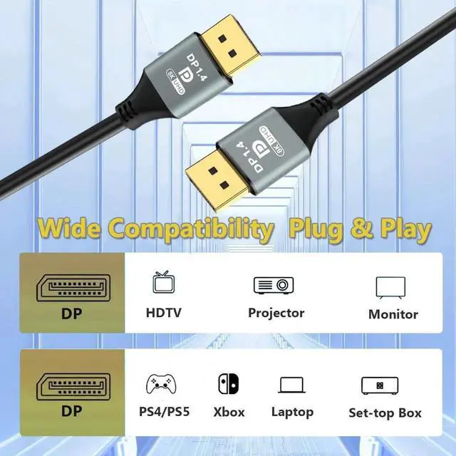 Alt view image 6 of 6 - 6FT DisplayPort 1.4 Cable 8K DP to DP Video Cord Dynamic HDR 3D Supported for Gaming Monitor PC Laptop HP Projector TV