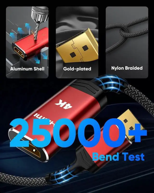 Alt view image 7 of 7 - 1FT 30CM Uni-Directional DP to HDMI Cable Passive 4K UHD DisplayPort Male to HDMI Female Adapter Cord Support 2K@60Hz 1080P@120Hz for Computer GPU AMD Monitor