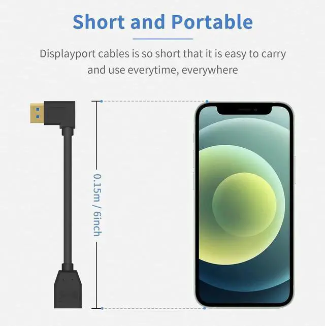 Alt view image 7 of 7 - 15cm 90 Degree Right Angle DisplayPort 1.4 Extension Cable 32.4Gbps 8K@60Hz 4K@144Hz Male to Female Short DP Extender Cord for PC Laptop