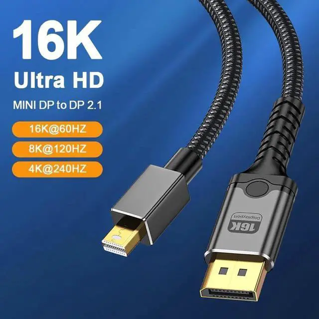 Alt view image 2 of 7 - 3.3FT Bi-Directional Mini DisplayPort to DisplayPort 2.1 Cable 80Gbps 16K@60Hz 8K@120Hz HDR Thunderbolt 2 Compatible G-Sync for MacBook Gaming Laptop Monitor