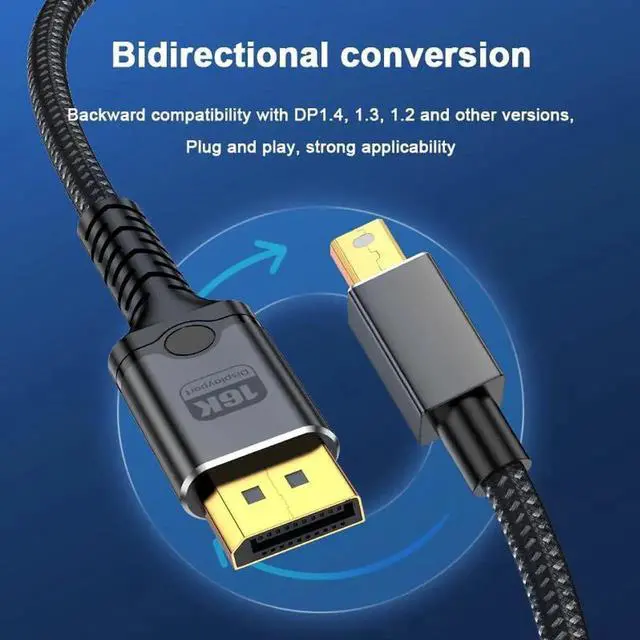 Alt view image 6 of 7 - 3.3FT Bi-Directional Mini DisplayPort to DisplayPort 2.1 Cable 80Gbps 16K@60Hz 8K@120Hz HDR Thunderbolt 2 Compatible G-Sync for MacBook Gaming Laptop Monitor