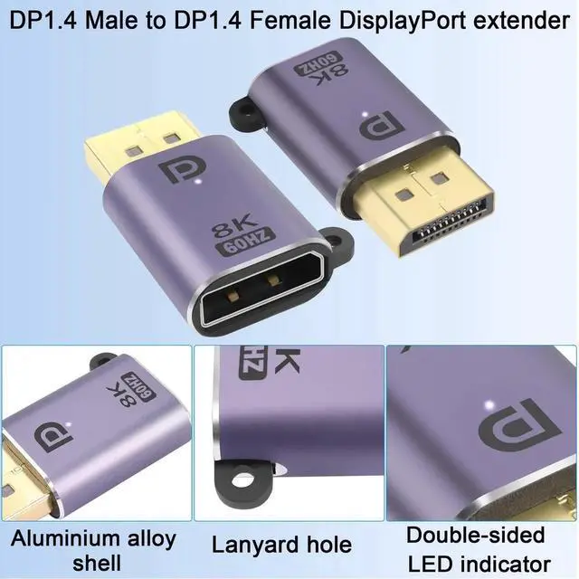Alt view image 6 of 6 - 2 Pack DP to DP Adapter DP 1.4 Male to Female Connector 8K@60Hz DisplayPort Extender with LED Indicator Hole Design for Laptop Monitor HDTV Home Theater