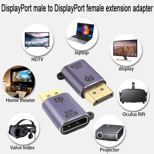 Alt view image 2 of 6 - 2 Pack DP to DP Adapter DP 1.4 Male to Female Connector 8K@60Hz DisplayPort Extender with LED Indicator Hole Design for Laptop Monitor HDTV Home Theater