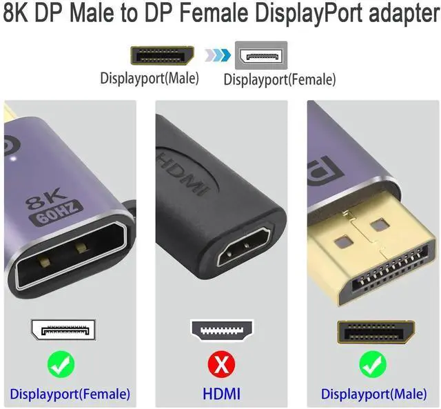 Alt view image 3 of 6 - 2 Pack DP to DP Adapter DP 1.4 Male to Female Connector 8K@60Hz DisplayPort Extender with LED Indicator Hole Design for Laptop Monitor HDTV Home Theater