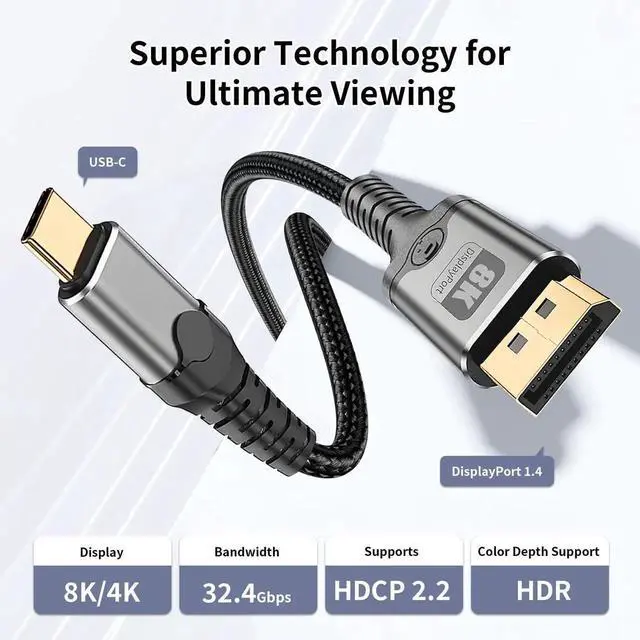 Alt view image 6 of 7 - 3.3FT Unidirectional USB C to DisplayPort Cable 8K@60Hz 4K@240Hz Thunderbolt 3/4/5 Type-C to DP Video Cable Compatible with MacBook iPhone 16 Pro XPS Surface