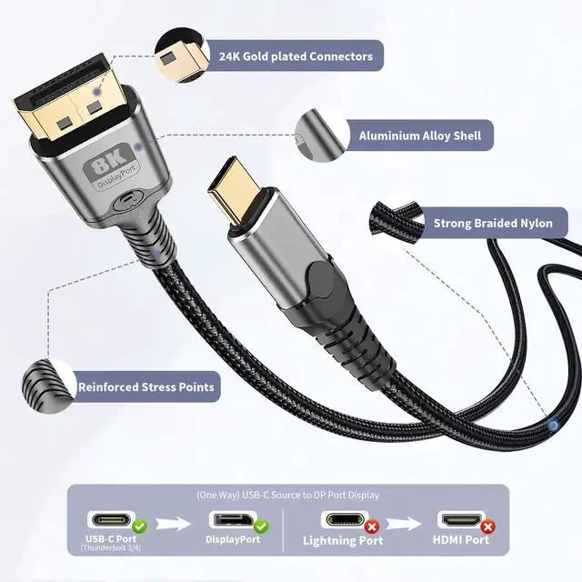 Alt view image 2 of 7 - 3.3FT Unidirectional USB C to DisplayPort Cable 8K@60Hz 4K@240Hz Thunderbolt 3/4/5 Type-C to DP Video Cable Compatible with MacBook iPhone 16 Pro XPS Surface