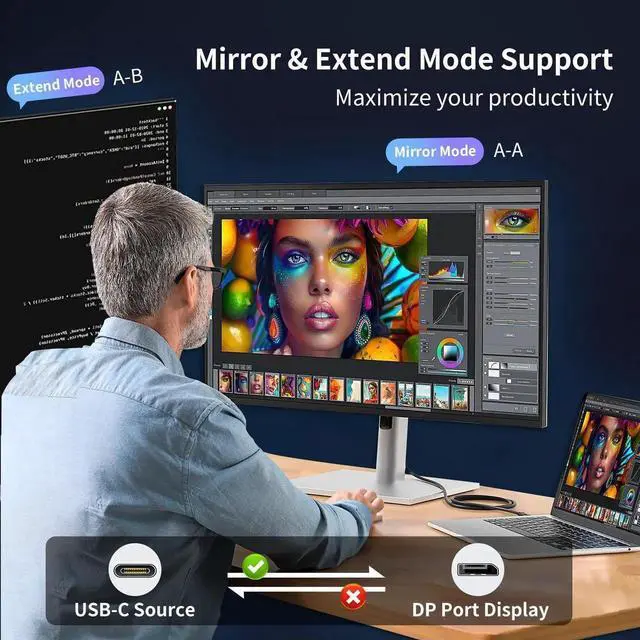 Alt view image 7 of 7 - 3.3FT Unidirectional USB C to DisplayPort Cable 16K@30Hz 8K@120Hz 4K@240Hz Thunderbolt 3/4/5 Type-C to DP Video Cable Compatible with MacBook iPhone 16 Pro XPS Surface