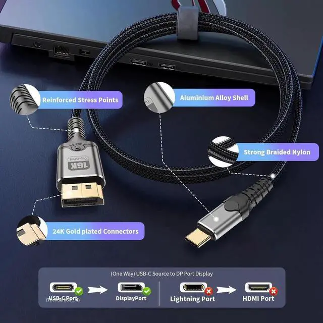 Alt view image 3 of 7 - 3.3FT Unidirectional USB C to DisplayPort Cable 16K@30Hz 8K@120Hz 4K@240Hz Thunderbolt 3/4/5 Type-C to DP Video Cable Compatible with MacBook iPhone 16 Pro XPS Surface