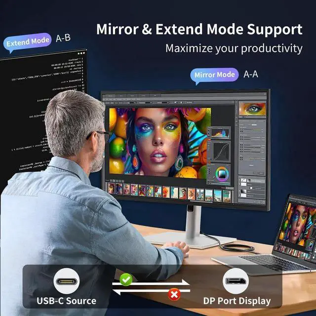 Alt view image 7 of 7 - 6.6FT Unidirectional USB C to DisplayPort Cable 16K@30Hz 8K@120Hz 4K@240Hz Thunderbolt 3/4/5 Type-C to DP Cable for MacBook iPhone 16 Pro XPS Surface