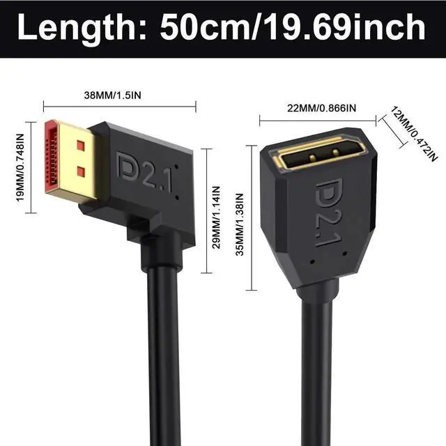 Alt view image 3 of 7 - 1.5FT 90 Degree Right Angle DisplayPort 2.1 Extension Cable 54Gbps Male to Female DP Extender Support 16K@30Hz 8K@120Hz 4K@240Hz HDR HDCP for Gaming Monitor TV Graphics Card