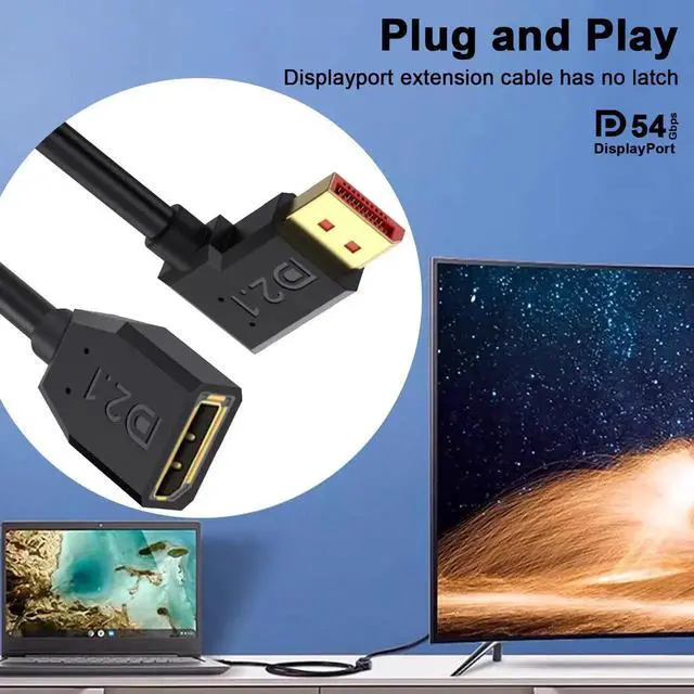 Alt view image 2 of 7 - 1.5FT 90 Degree Right Angle DisplayPort 2.1 Extension Cable 54Gbps Male to Female DP Extender Support 16K@30Hz 8K@120Hz 4K@240Hz HDR HDCP for Gaming Monitor TV Graphics Card